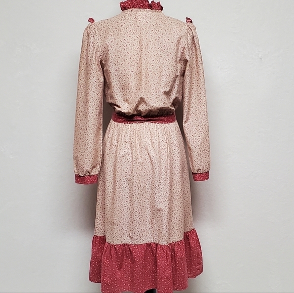 Vintage 60s JCPENNEY Tan Red Floral Calico Print Tie-Waist Boho Peasant Dress S - Picture 11 of 15